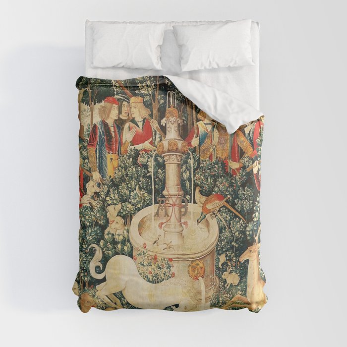 Medieval Unicorn Midnight Floral Fountain Garden Duvet Cover