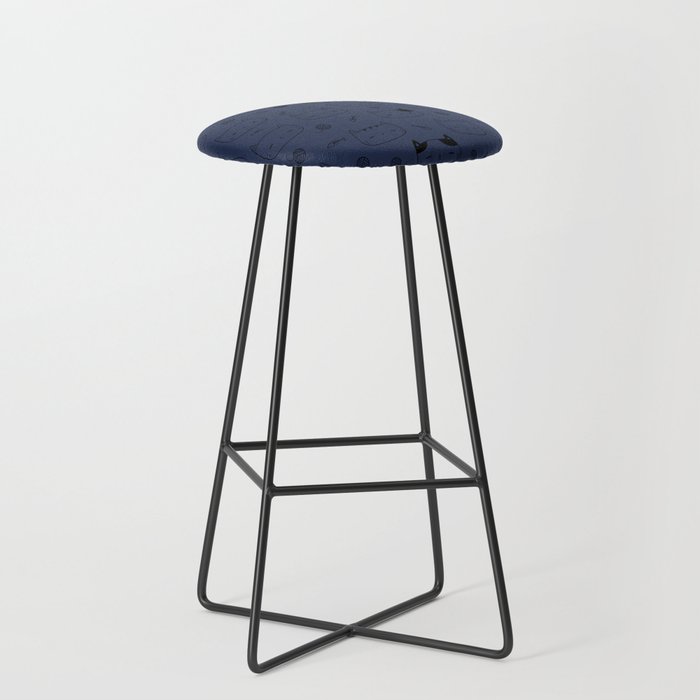 Navy Blue and Black Doodle Kitten Faces Pattern Bar Stool