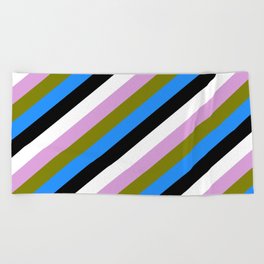 [ Thumbnail: Eye-catching Plum, Green, Blue, Black, and White Colored Stripes Pattern Beach Towel ]