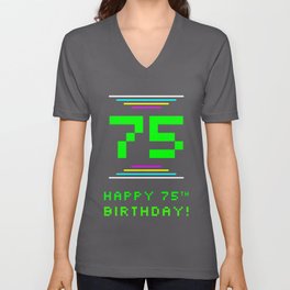 [ Thumbnail: 75th Birthday - Nerdy Geeky Pixelated 8-Bit Computing Graphics Inspired Look V Neck T Shirt V-Neck T-Shirt ]