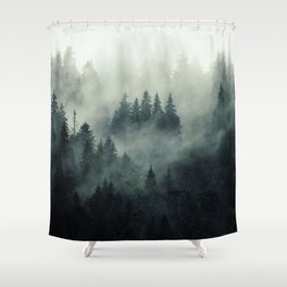 Green misty mountain pine forest in cloudy and rainy - vintage style photo Shower Curtain