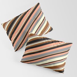 [ Thumbnail: Colorful Light Salmon, Grey, Light Yellow, Brown, and Black Colored Stripes Pattern Pillow Sham ]