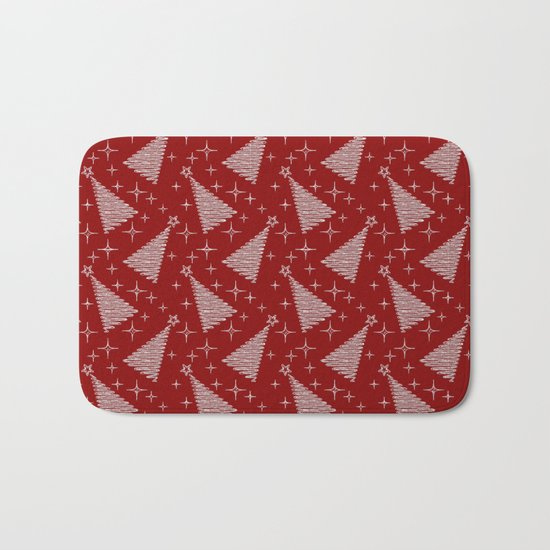 Merry Christmas- Abstract christmas tree pattern on festive red Bath Mat