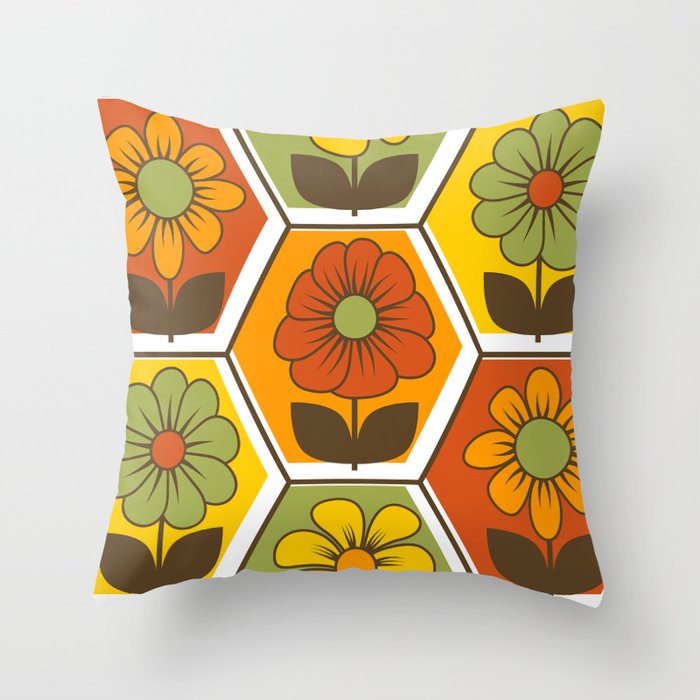 70s Retro Floral Hexagon Geometric Pattern // Yellow, Orange, Red, Green, Dark Brown, White Throw Pillow
