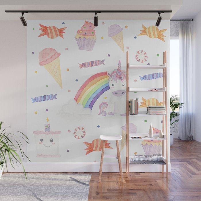 Kawaii Unicorn with Candy and Rainbows Wall Mural