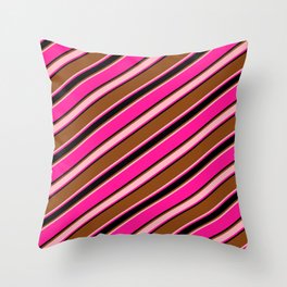 [ Thumbnail: Brown, Light Pink, Deep Pink & Black Colored Stripes/Lines Pattern Throw Pillow ]