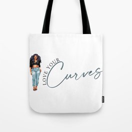 Love Your Curves Body Positivity Design - Curvy Girl Purple Hair Curved Text Tote Bag