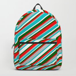 [ Thumbnail: Vibrant Red, Grey, Dark Turquoise, Mint Cream, and Dark Green Colored Striped/Lined Pattern Backpack ]