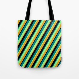 [ Thumbnail: Green, Goldenrod, Black, and Teal Colored Lined/Striped Pattern Tote Bag ]