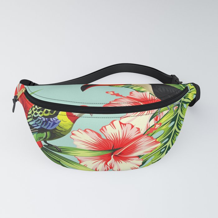 tropic bird toucan multicolor parrot background exotic flower hibiscus palm leaf summer floral plant nature animals wallpaper pattern Fanny Pack
