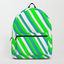 [ Thumbnail: Lime, Light Sea Green & White Colored Striped/Lined Pattern Backpack ]