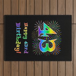 [ Thumbnail: 43rd Birthday - Fun Rainbow Spectrum Gradient Pattern Text, Bursting Fireworks Inspired Background Outdoor Rug ]