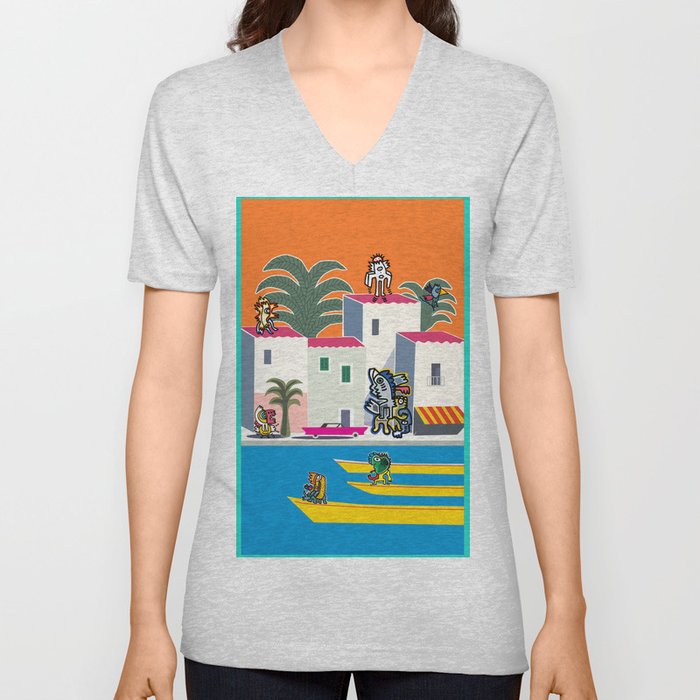 French Riviera Summer with Cool Graffiti Street Art Monsters V Neck T Shirt