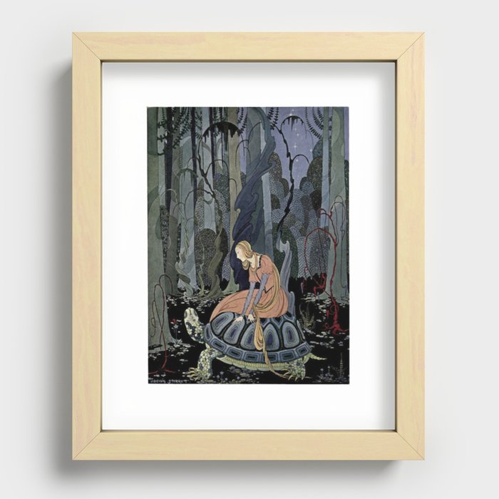 A Girl On Turtle in The Forest Old French Fairytales, illustrated by Virginia Frances Sterrett (Reproduction) Recessed Framed Print
