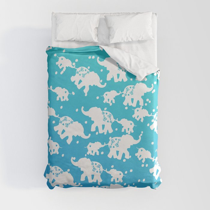Blue Teal White Polka Dots Floral Cute Elephant Ombre Duvet Cover
