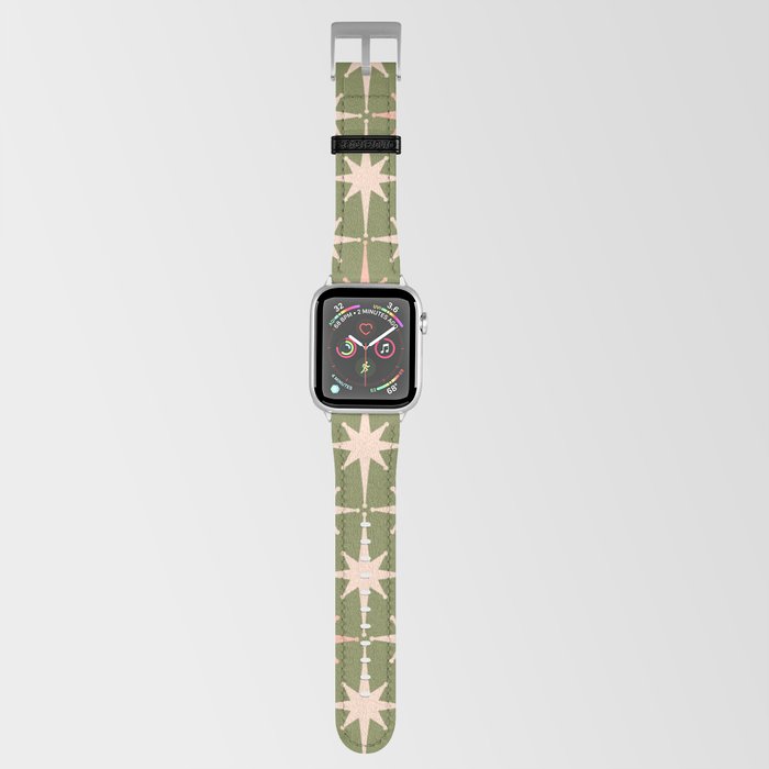 Midcentury Modern Atomic Starburst Pattern in Retro Olive Green and Vintage Blush Pink Apple Watch Band