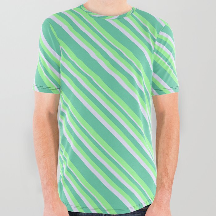 Aquamarine, Green, and Lavender Colored Lined/Striped Pattern All Over Graphic Tee