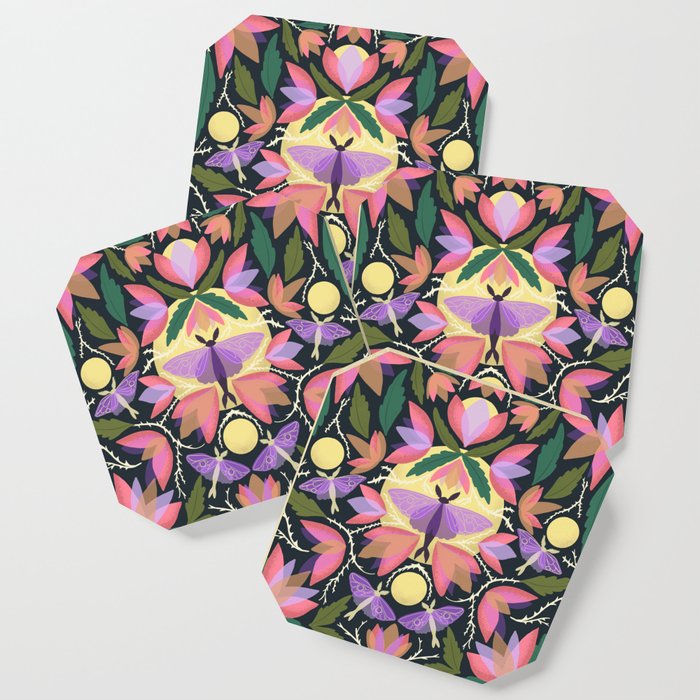 Luna Moth and Bougainvillea Botanical Pattern Coaster