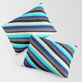 [ Thumbnail: Colorful Cyan, Midnight Blue, Dim Gray, Black, and Beige Colored Lines/Stripes Pattern Pillow Sham ]