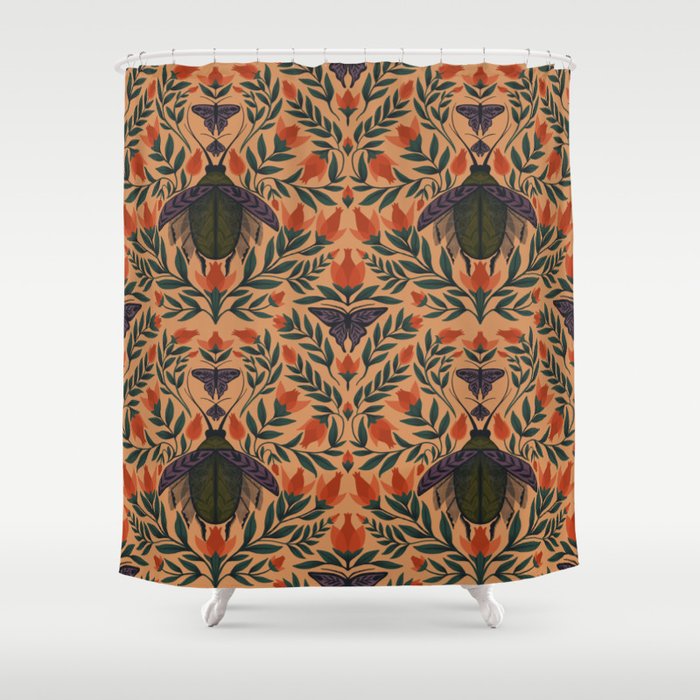 Beetle and Butterfly Botanical Design Shower Curtain