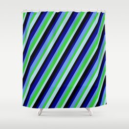 [ Thumbnail: Colorful Black, Dark Blue, Cornflower Blue, Lime Green, and Light Blue Colored Lines/Stripes Pattern Shower Curtain ]