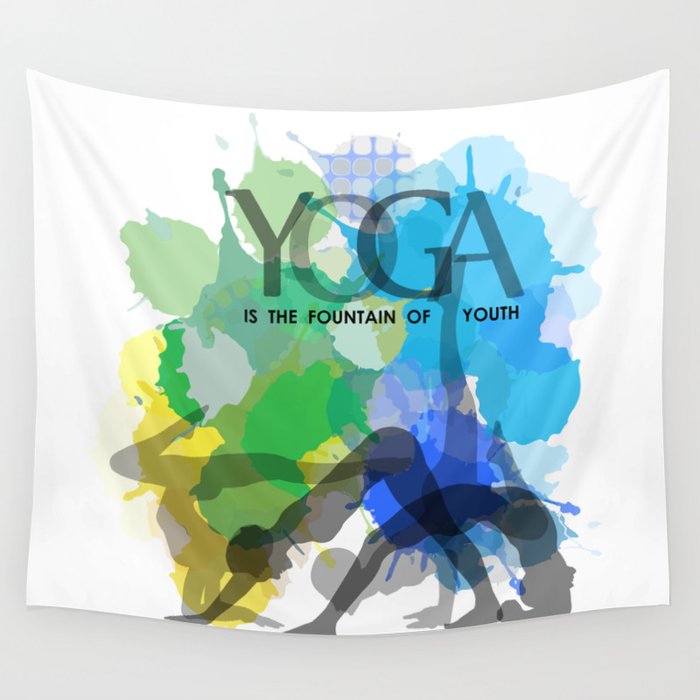Yoga and meditation watercolor quotes in cool scheme- Yoga is the fountain of youth Wall Tapestry