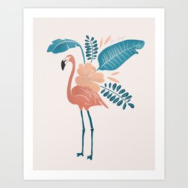 Flamingo Topped With Tropical Botanicals, Pink and Teal Art Print