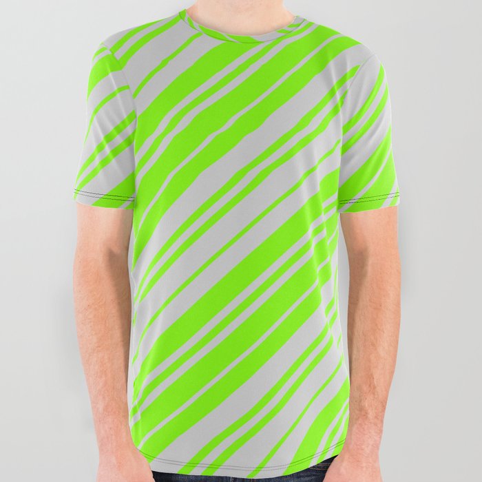 Light Grey & Chartreuse Colored Lines/Stripes Pattern All Over Graphic Tee
