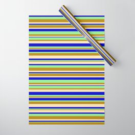 [ Thumbnail: Light Green, Dark Goldenrod, Beige, and Blue Colored Stripes/Lines Pattern Wrapping Paper ]