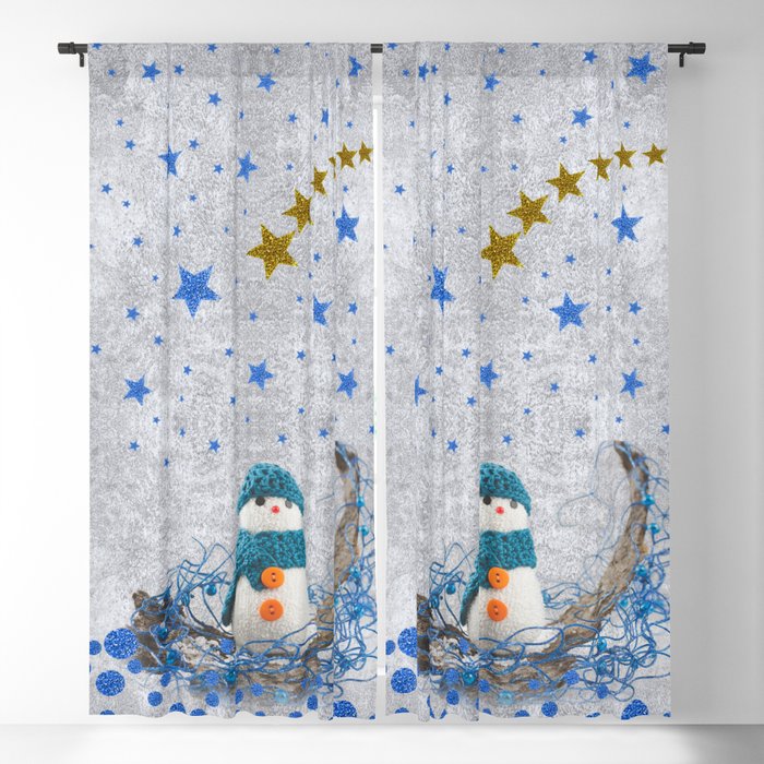 Snowman with sparkly blue stars Blackout Curtain