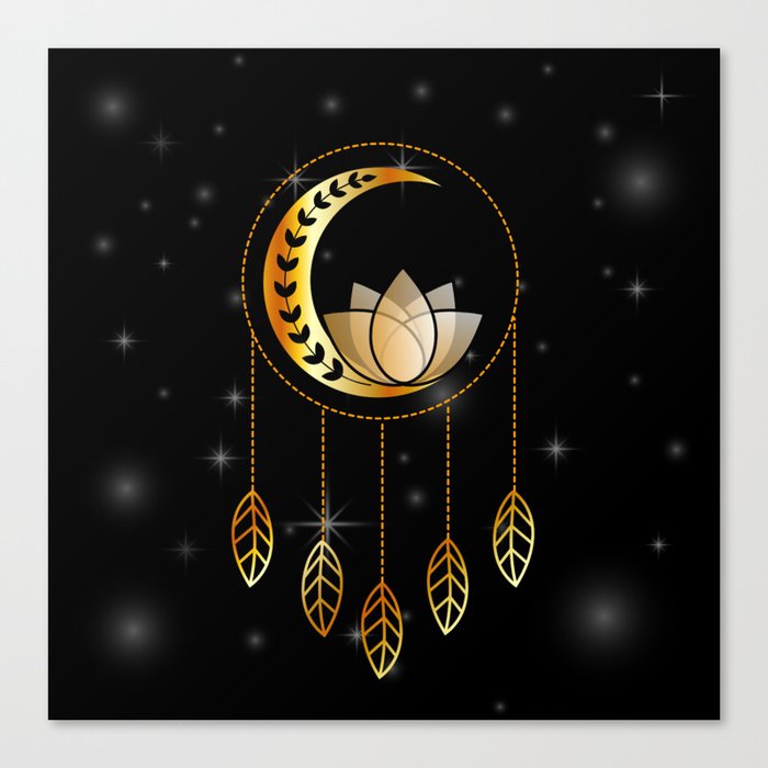 Mystic lotus dream catcher with feathers and foliage in gold Canvas Print