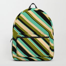 [ Thumbnail: Aquamarine, Tan, Green, and Black Colored Striped Pattern Backpack ]