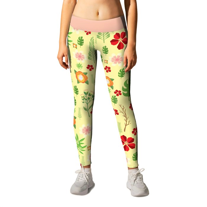 Tropical yellow red green modern floral pattern Leggings