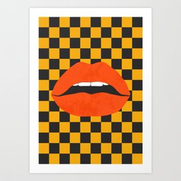 Funky pop-art sexy lips,  black yellow check. Art Print