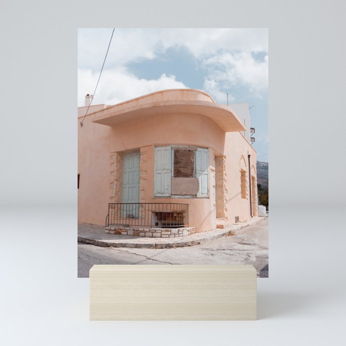 Pink Building on the Corner of a Greek Street | Pastel Colored Home | Travel Photography in Greece Mini Art Print