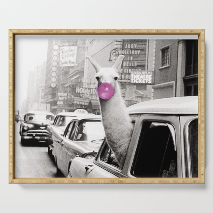 Perfect Pink Bubble Gum Llama taking a New York Taxi black and white photograph Serving Tray