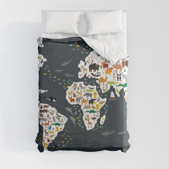 Cartoon animal world map for children, kids, Animals from all over the world, back to school, gray Duvet Cover