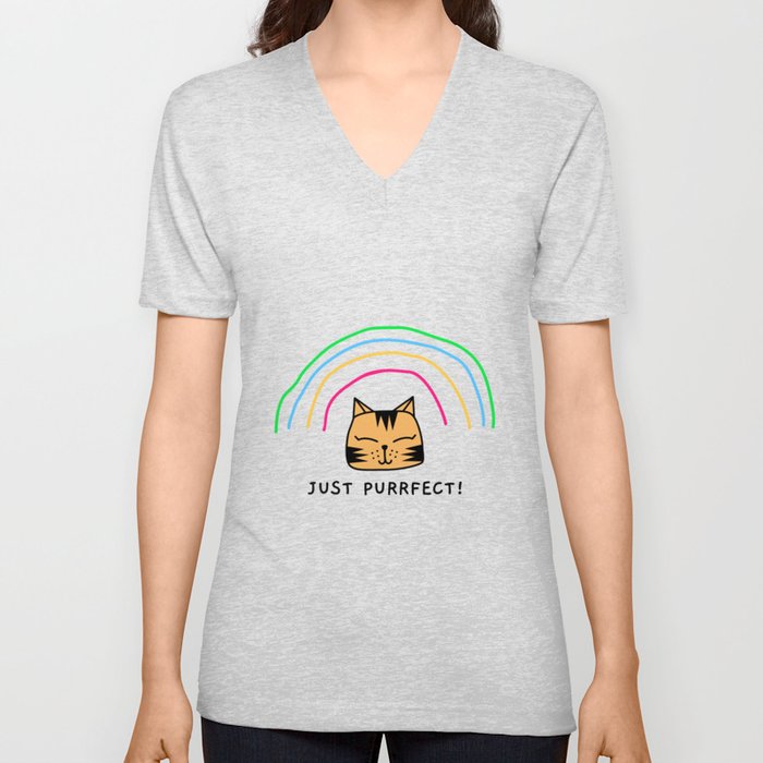 JUST PURRFECT Cat & Rainbow V Neck T Shirt