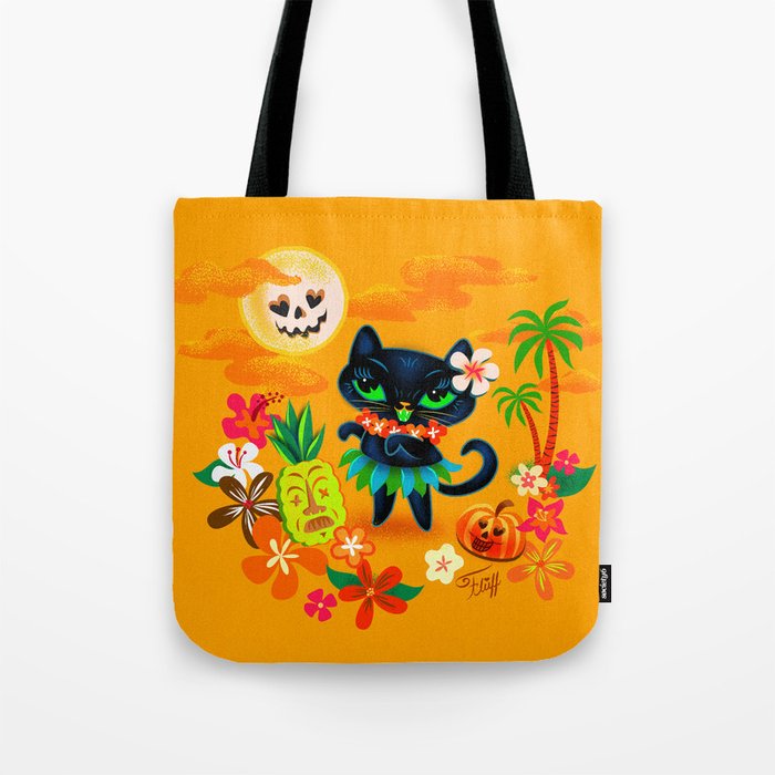 Hulaween Kitty with Tiki Pineapple Tote Bag