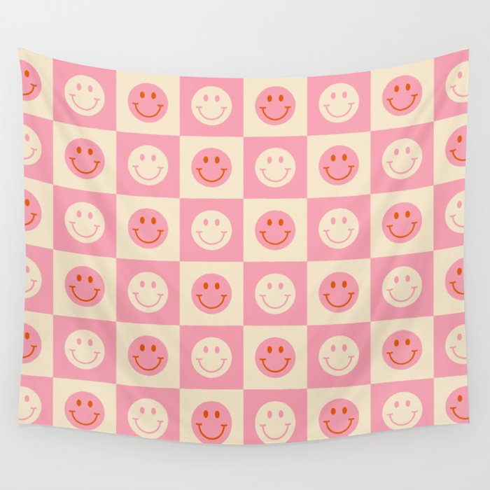 70s Retro Smiley Face Tile Pattern in Pink & Beige Wall Tapestry