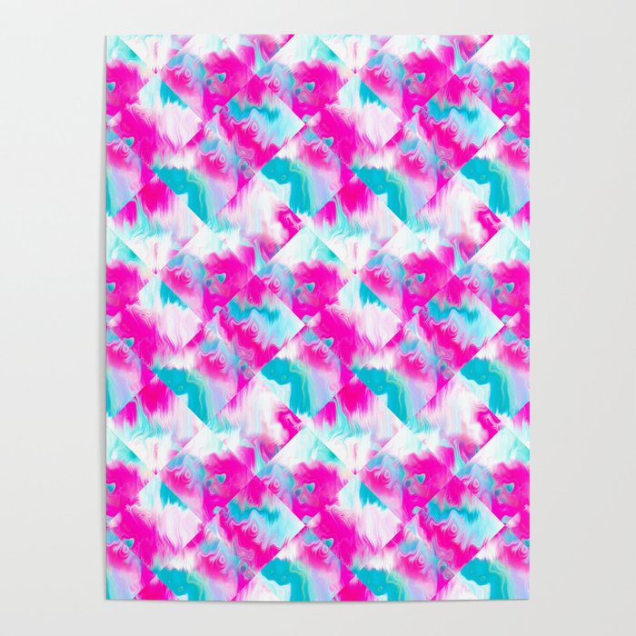 Diamond cube tie dye abstract geometric batik pattern. Colorful beach boho patchwork quilt wash Poster