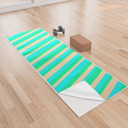 [ Thumbnail: Aqua, Tan, and Green Colored Striped/Lined Pattern Yoga Towel ]