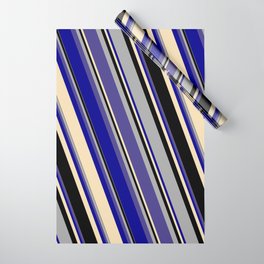 [ Thumbnail: Dark Gray, Dark Slate Blue, Dark Blue, Tan, and Black Colored Striped Pattern Wrapping Paper ]
