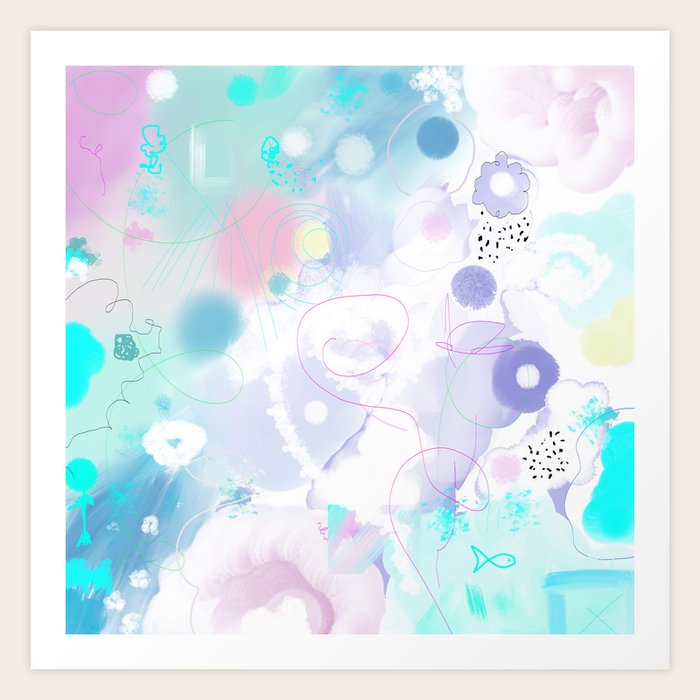 Peinture Digitale Tons Pastels Fleurs Nuages Bulles Rose Vert Bleu Jaune Blanc Art Print By Imaregina