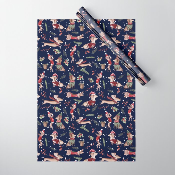 Dachshund in the snow on blue Wrapping Paper