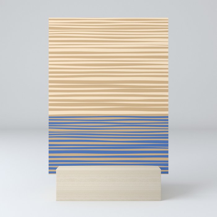 Natural Stripes Modern Minimalist Colour Block Pattern in Blue and Oat Beige Mini Art Print