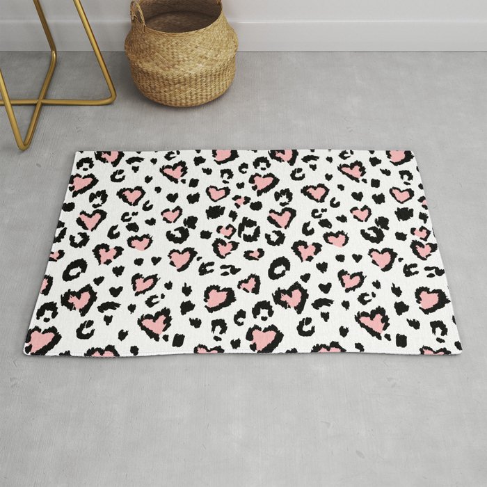 Leopard or jaguar seamless pattern, textured fashion, abstract safari background. Effect of big tropical wild cat fur, spots stylized as hearts with pink camouflage Rug