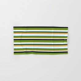 [ Thumbnail: Green, Brown, Light Cyan, and Black Colored Stripes/Lines Pattern Hand & Bath Towel ]