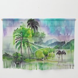 Watercolor Green and Blue Tropical Oasis Wall Hanging