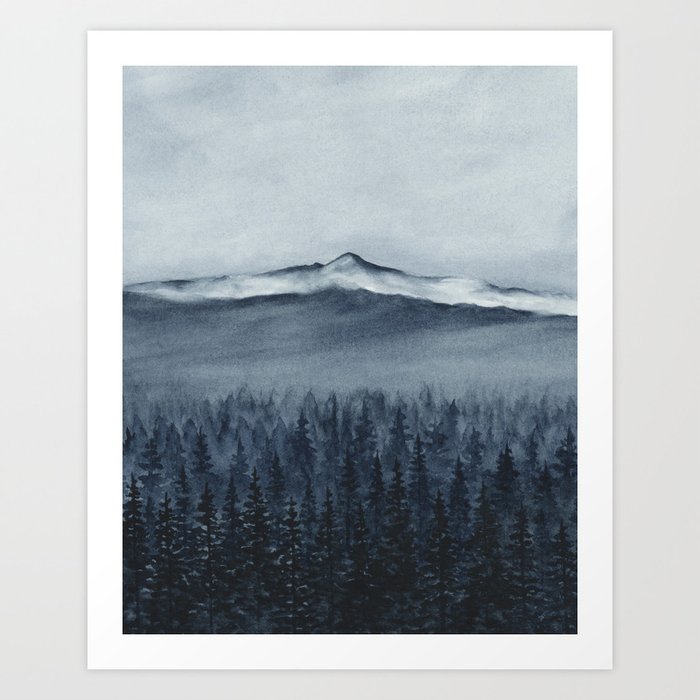 Mountain from Tumalo I - Indigo Dark Blue Wall Art, Mountain Forest Watercolor Painting, Rustic Modern Home Décor Art Print